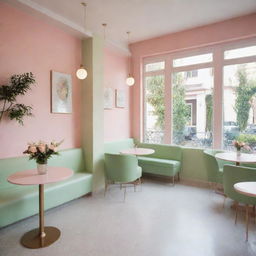 A welcoming cafe, bathed in soft pastel pink and fresh green hues, creating a calming and delightful atmosphere.