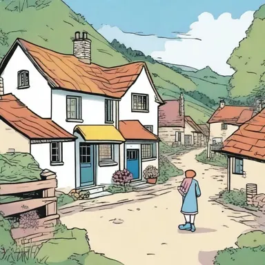 The comic book artist drew a panel depicting a quaint and quirky village scene.