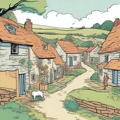 The comic book artist drew a panel depicting a quaint and quirky village scene.