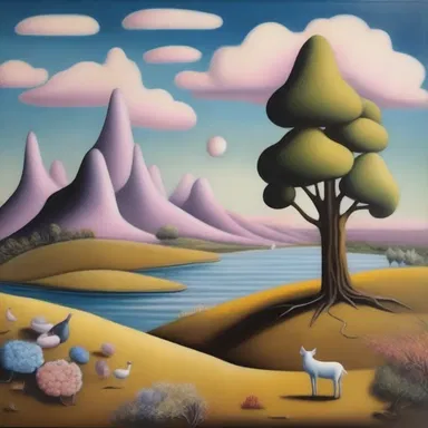 The artist created a painting that portrayed a quaint and surreal landscape.