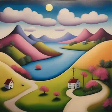 The artist created a painting that portrayed a quaint and surreal landscape.