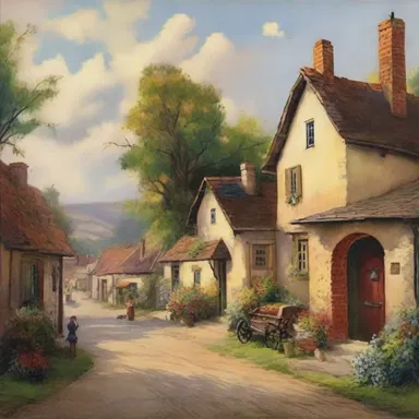 The painting featured a quaint village scene, capturing the charm of an old-time era.