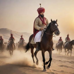 An honorable and charismatic historical figure, Sultan Salahuddin Ayyubi, depicted in traditional attire with a regal turban, commanding his army from horseback. The setting is a desert battlefield, accentuated by a rising sun.