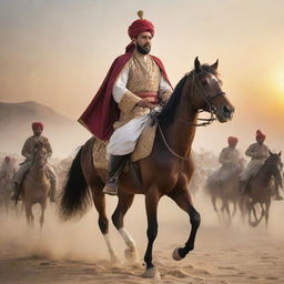 An honorable and charismatic historical figure, Sultan Salahuddin Ayyubi, depicted in traditional attire with a regal turban, commanding his army from horseback. The setting is a desert battlefield, accentuated by a rising sun.