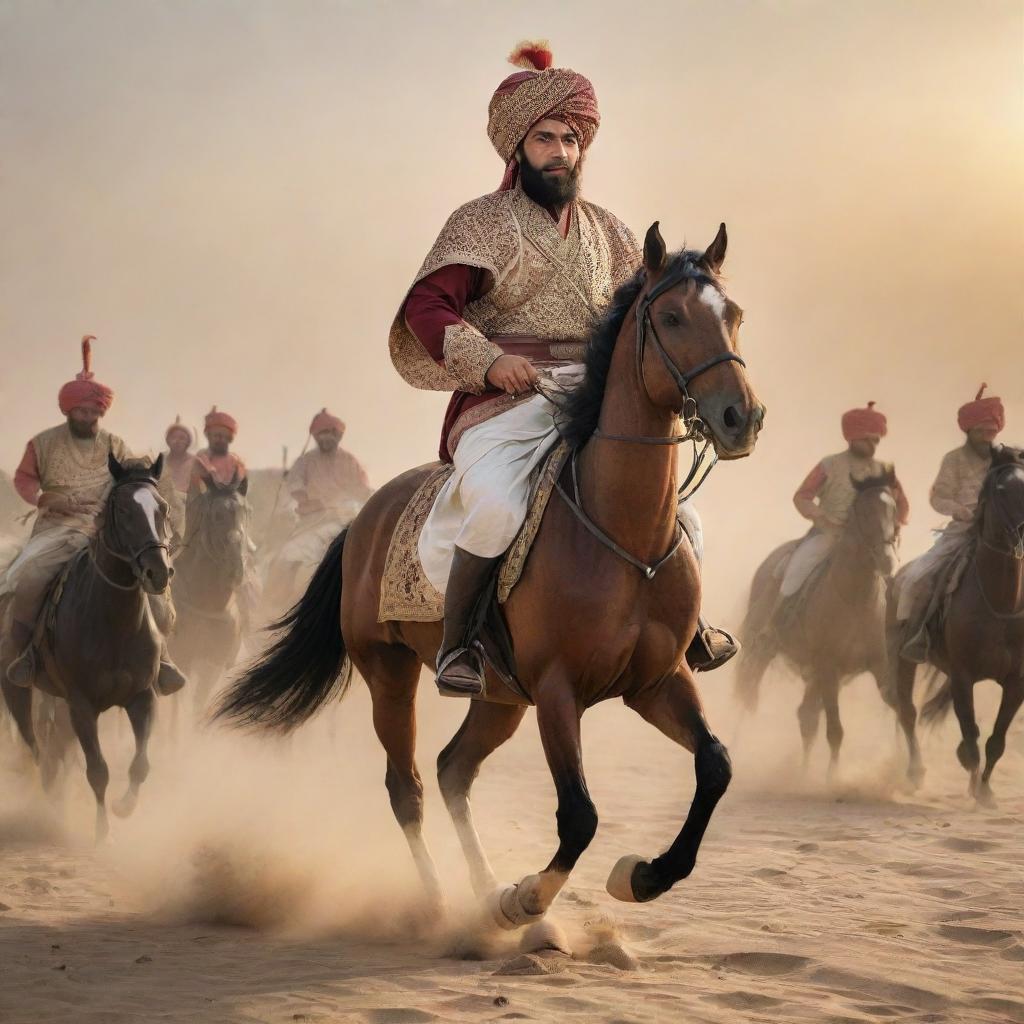 An honorable and charismatic historical figure, Sultan Salahuddin Ayyubi, depicted in traditional attire with a regal turban, commanding his army from horseback. The setting is a desert battlefield, accentuated by a rising sun.