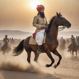 An honorable and charismatic historical figure, Sultan Salahuddin Ayyubi, depicted in traditional attire with a regal turban, commanding his army from horseback. The setting is a desert battlefield, accentuated by a rising sun.