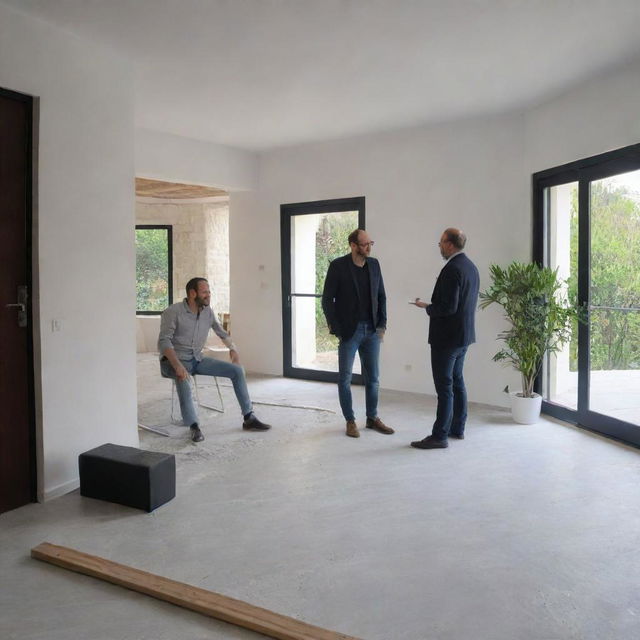 Alain consulting an architect to redesign the decor of his house, with a modern and stylish aesthetic