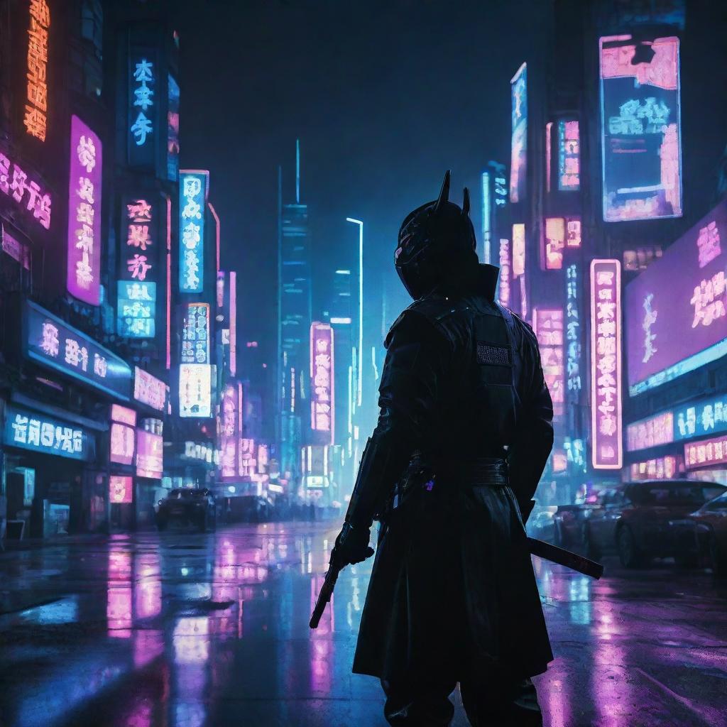 Striking image of a cyberpunk cityscape, illuminated by neon lights, with a silhouette of a futuristic Samurai standing prominently against the city backdrop