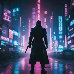 Striking image of a cyberpunk cityscape, illuminated by neon lights, with a silhouette of a futuristic Samurai standing prominently against the city backdrop