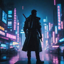 Striking image of a cyberpunk cityscape, illuminated by neon lights, with a silhouette of a futuristic Samurai standing prominently against the city backdrop