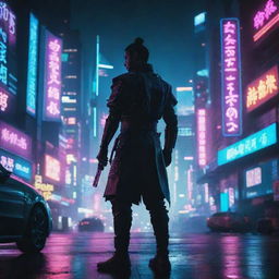 Striking image of a cyberpunk cityscape, illuminated by neon lights, with a silhouette of a futuristic Samurai standing prominently against the city backdrop