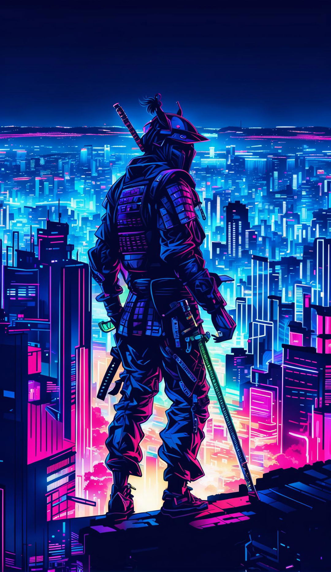 Futuristic Samurai standing against a neon-lit cyberpunk cityscape.