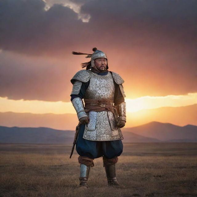 A Mongol warrior in full historic battle armor, standing defiantly against a dramatic sunset on the vast Mongolian steppe.