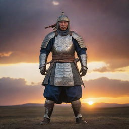 A Mongol warrior in full historic battle armor, standing defiantly against a dramatic sunset on the vast Mongolian steppe.