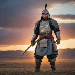 A Mongol warrior in full historic battle armor, standing defiantly against a dramatic sunset on the vast Mongolian steppe.