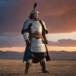 A Mongol warrior in full historic battle armor, standing defiantly against a dramatic sunset on the vast Mongolian steppe.