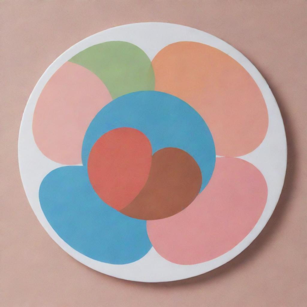 Create a minimalist and futuristic Venn diagram with crisply defined, color-coded circles. Representing kidneys in blue, liver in green, lungs in pink, heart in red, pancreas in orange, intestines in brown, and hands/face in flesh tone.