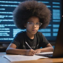 A young boy with a large afro, deeply engrossed in writing lines of code on a glowing computer screen, surrounded by books and notes on coding.