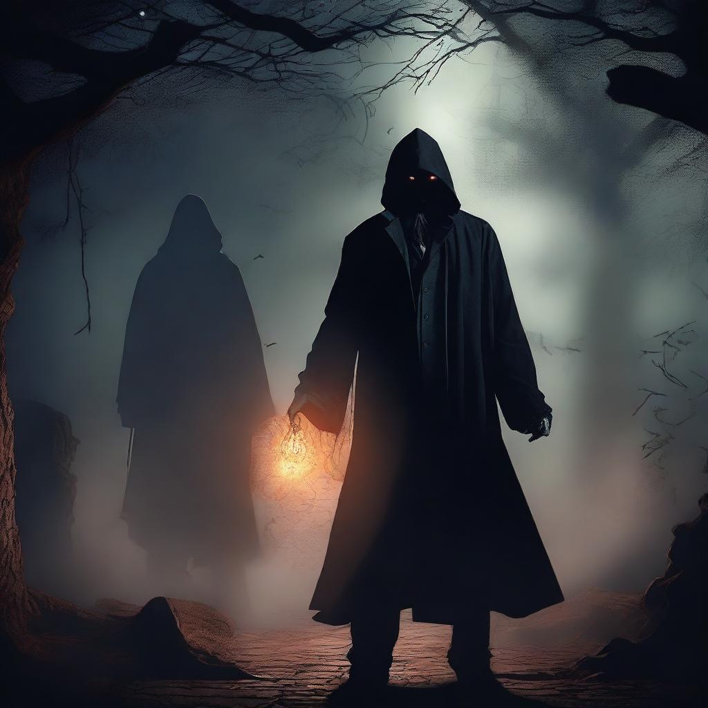 A high-quality digital art piece showcasing a supernatural detective, shrouded in shadows, casting intricate spells