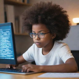 A young boy with a large afro, deeply engrossed in writing lines of code on a glowing computer screen, surrounded by books and notes on coding.