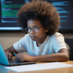 A young boy with a large afro, deeply engrossed in writing lines of code on a glowing computer screen, surrounded by books and notes on coding.