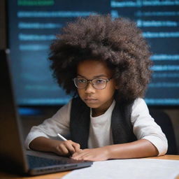 A young boy with a large afro, deeply engrossed in writing lines of code on a glowing computer screen, surrounded by books and notes on coding.