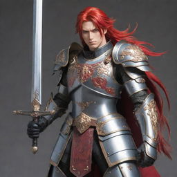 Anime character with bright red hair, wearing detailed armor, and a large sword sheathed across his back