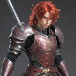 Anime character with bright red hair, wearing detailed armor, and a large sword sheathed across his back