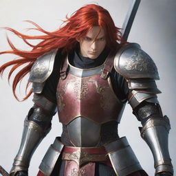 Anime character with bright red hair, wearing detailed armor, and a large sword sheathed across his back