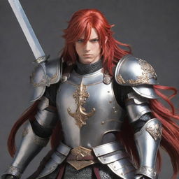 Anime character with bright red hair, wearing detailed armor, and a large sword sheathed across his back