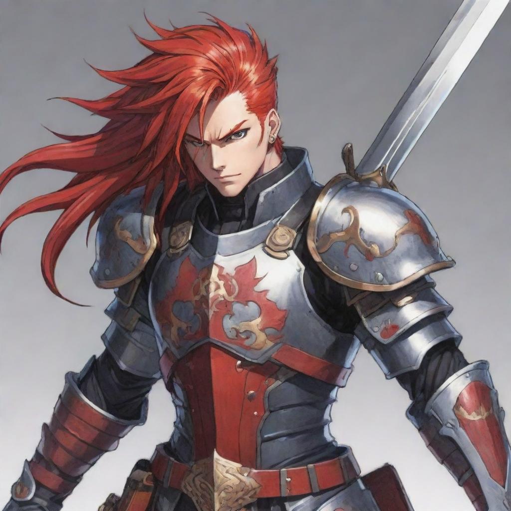 Anime character drawn in a highly stylized and exaggerated cartoon style, with bright red hair, detailed armor, and a large sword sheathed across his back.