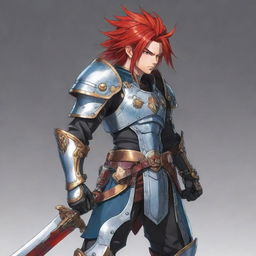 Anime character drawn in a highly stylized and exaggerated cartoon style, with bright red hair, detailed armor, and a large sword sheathed across his back.