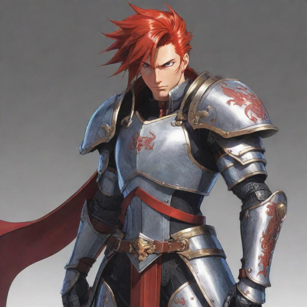 Anime character drawn in a highly stylized and exaggerated cartoon style, with bright red hair, detailed armor, and a large sword sheathed across his back.