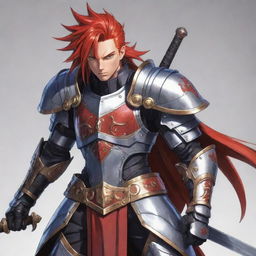 Anime character drawn in a highly stylized and exaggerated cartoon style, with bright red hair, detailed armor, and a large sword sheathed across his back.