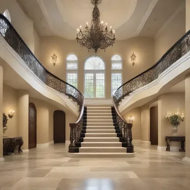 The dramatic event in this design is the grand staircase, which creates a sense of grandeur and awe.