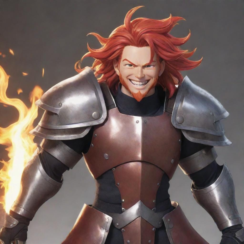 Brightly animated anime character with a large, happy smile, displaying a full head of fiery red hair, detailed body armor, and a huge sword sheathed across his back.