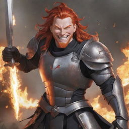 Brightly animated anime character with a large, happy smile, displaying a full head of fiery red hair, detailed body armor, and a huge sword sheathed across his back.