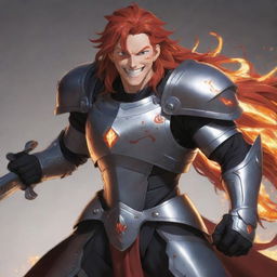 Brightly animated anime character with a large, happy smile, displaying a full head of fiery red hair, detailed body armor, and a huge sword sheathed across his back.