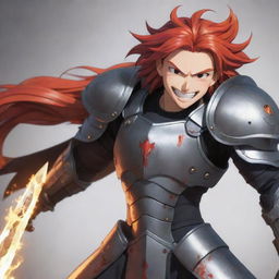 Brightly animated anime character with a large, happy smile, displaying a full head of fiery red hair, detailed body armor, and a huge sword sheathed across his back.