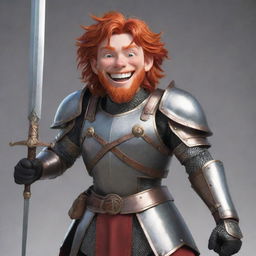 Exaggerated anime cartoon style character with big, joyful smile. Red-haired, donning detailed armor, and a sword on his back. No scary face, just happy and inviting.