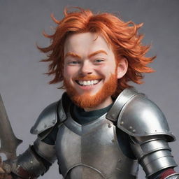 Exaggerated anime cartoon style character with big, joyful smile. Red-haired, donning detailed armor, and a sword on his back. No scary face, just happy and inviting.