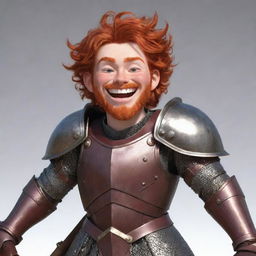 Exaggerated anime cartoon style character with big, joyful smile. Red-haired, donning detailed armor, and a sword on his back. No scary face, just happy and inviting.