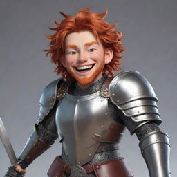 Exaggerated anime cartoon style character with big, joyful smile. Red-haired, donning detailed armor, and a sword on his back. No scary face, just happy and inviting.