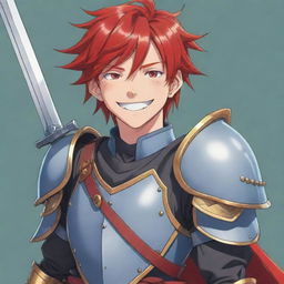 Authentic 2D anime character, drawn in vibrant cartoon style, with a bright, friendly smile. Features include a mass of red hair, intricate armor, and a sword secured on his back.