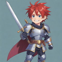 Authentic 2D anime character, drawn in vibrant cartoon style, with a bright, friendly smile. Features include a mass of red hair, intricate armor, and a sword secured on his back.