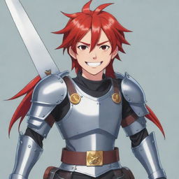 Authentic 2D anime character, drawn in vibrant cartoon style, with a bright, friendly smile. Features include a mass of red hair, intricate armor, and a sword secured on his back.