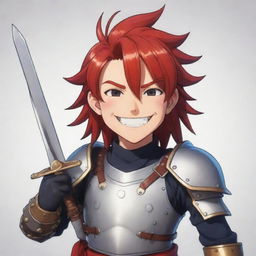 Authentic 2D anime character, drawn in vibrant cartoon style, with a bright, friendly smile. Features include a mass of red hair, intricate armor, and a sword secured on his back.