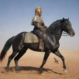 Berber King Jugurtha majestically riding a large, muscular black horse, under the intense North African sun.