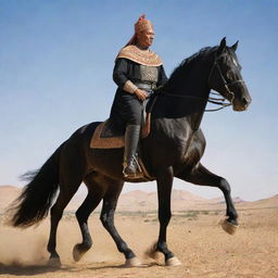 Berber King Jugurtha majestically riding a large, muscular black horse, under the intense North African sun.