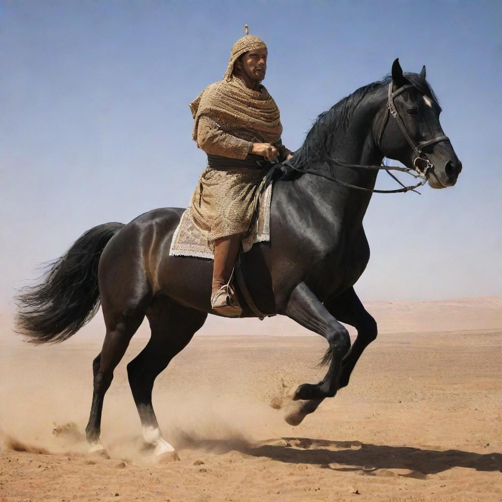 Berber King Jugurtha majestically riding a large, muscular black horse, under the intense North African sun.